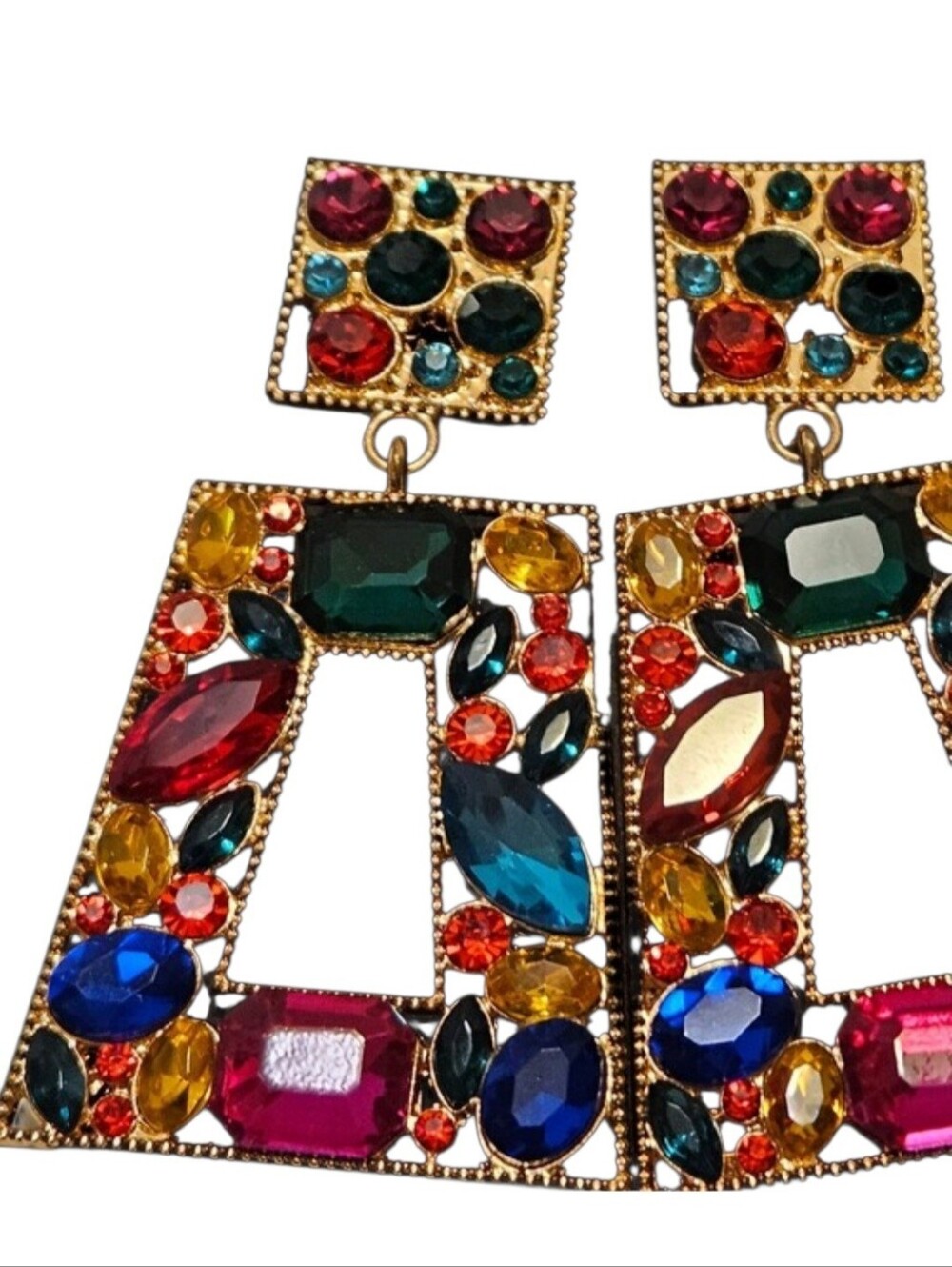 Gold Tone Multicolor Rhinestone Statement Earrings - Picture 2 of 3
